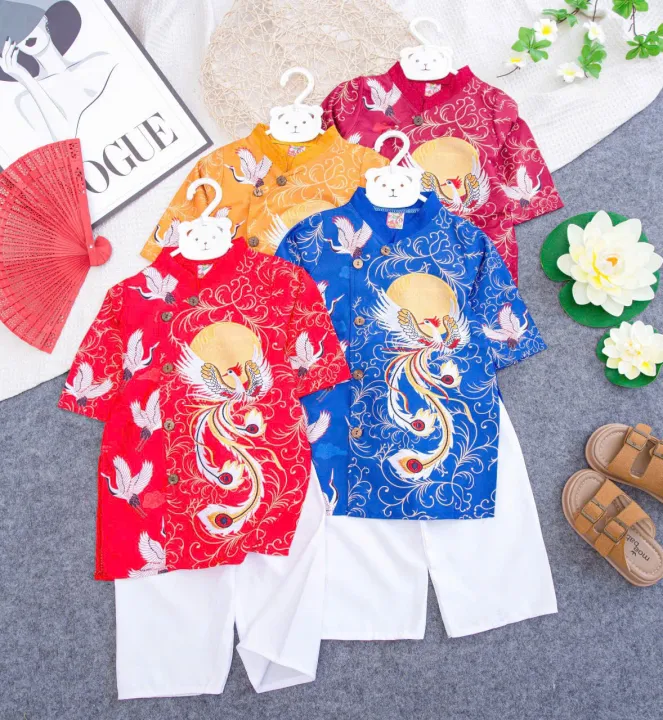 Áo Dài TẾT bé trai  (QUẦN TRẮNG) áo dài Tết IN Họa Tiết từ 8 tới 18kg-giao màu và mẫu in ngẫu nhiên·