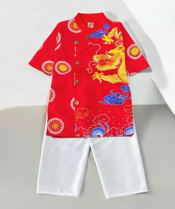 Áo Dài TẾT bé trai  (QUẦN TRẮNG) áo dài Tết IN Họa Tiết từ 8 tới 18kg-giao màu và mẫu in ngẫu nhiên·