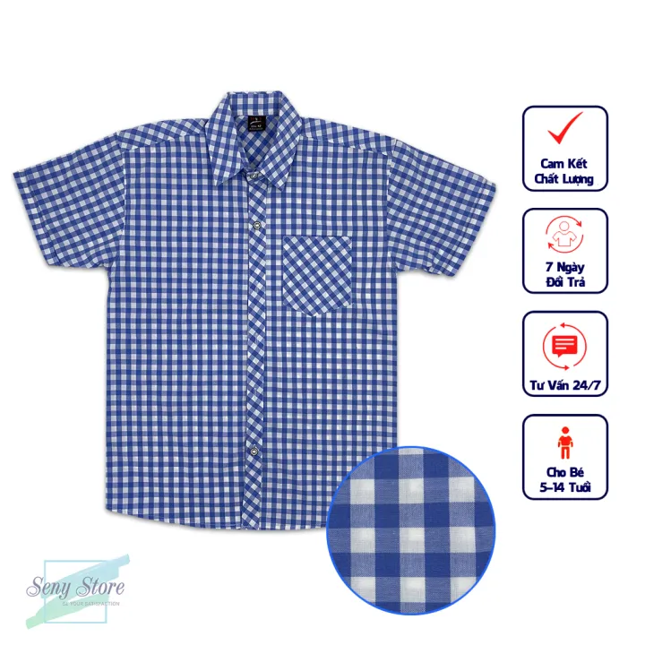 Áo sơ mi bé trai tay ngắn thời trang sọc caro nhỏ dễ phối đồ với kaki quần sọt CNX01 - áo sơ mi cho người từ 14 kg đến 60 kg