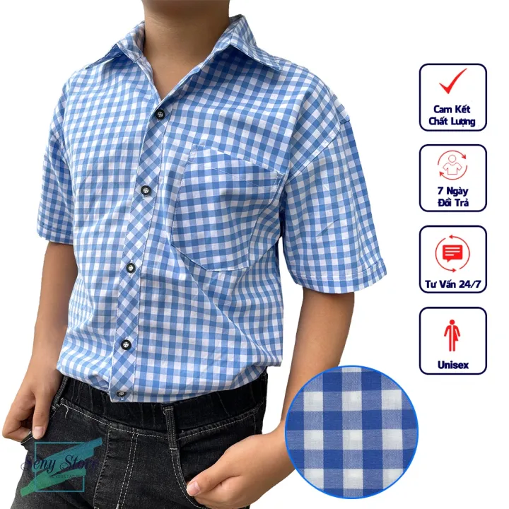 Áo sơ mi bé trai tay ngắn thời trang sọc caro nhỏ dễ phối đồ với kaki quần sọt CNX01 - áo sơ mi cho người từ 14 kg đến 60 kg