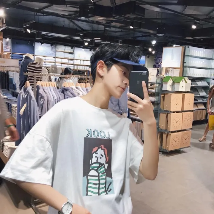 Áo T-shirt nam, cổ tròn, cộc tay, họa tiết in hoa, phong cách cá tính, phong cách Hàn Quốc, phù hợp cho mùa hè, kiểu dáng rộng rãi, phong cách học sinh9