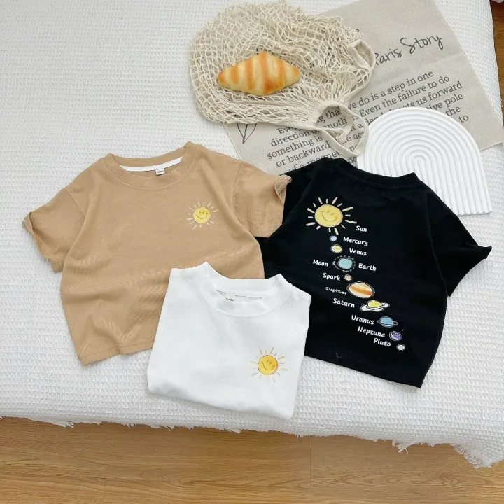Áo thun cộc tay cho bé in hình Hệ Mặt Trời, Áo thun cộc chất cotton khô mặc hè cho bé trai bé gái từ 7-27kg MOONHOUSE