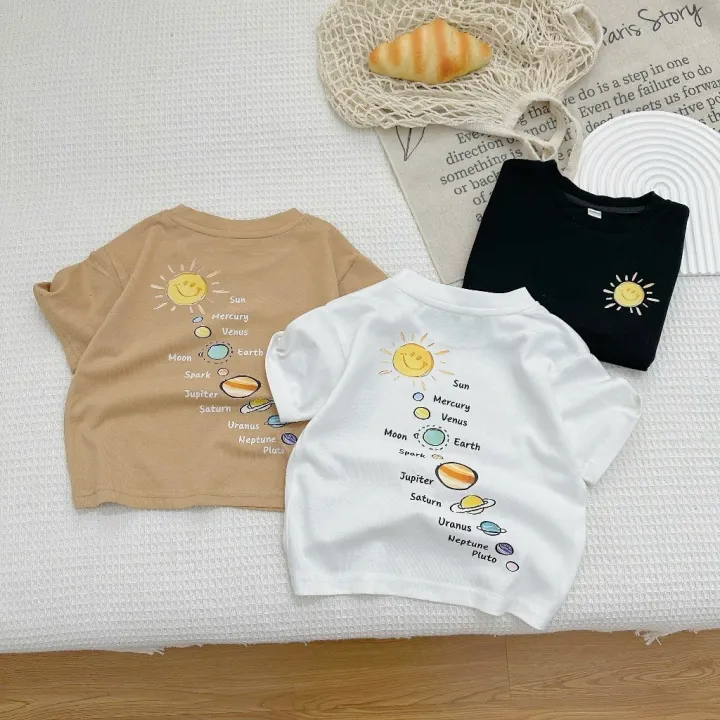 Áo thun cộc tay cho bé in hình Hệ Mặt Trời, Áo thun cộc chất cotton khô mặc hè cho bé trai bé gái từ 7-27kg MOONHOUSE