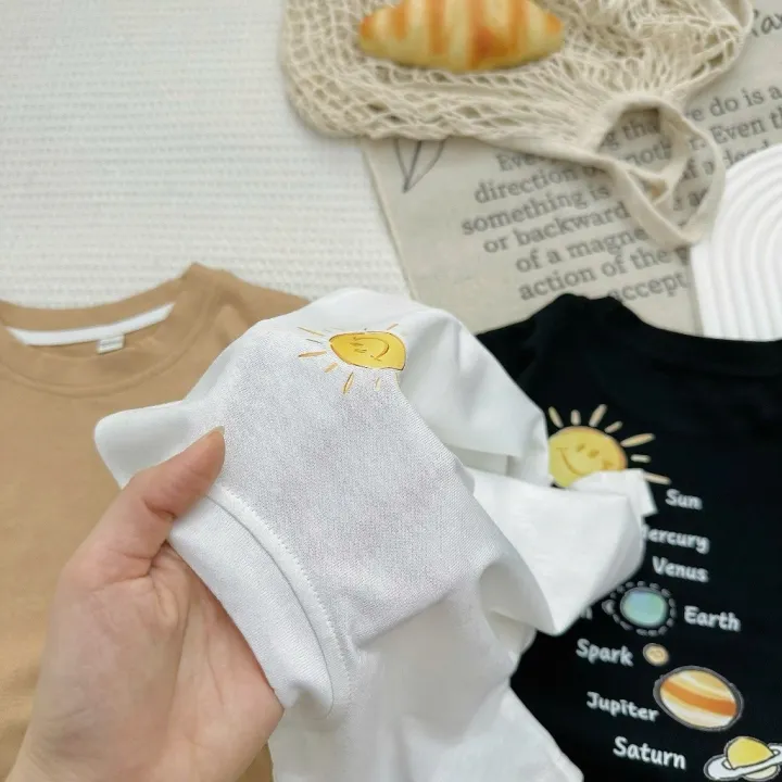 Áo thun cộc tay cho bé in hình Hệ Mặt Trời, Áo thun cộc chất cotton khô mặc hè cho bé trai bé gái từ 7-27kg MOONHOUSE