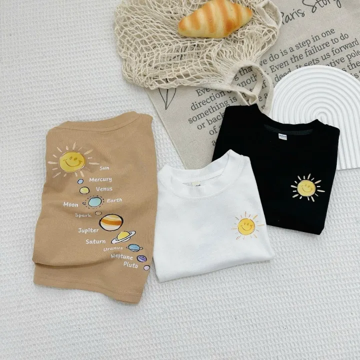 Áo thun cộc tay cho bé in hình Hệ Mặt Trời, Áo thun cộc chất cotton khô mặc hè cho bé trai bé gái từ 7-27kg MOONHOUSE