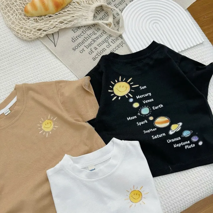 Áo thun cộc tay cho bé in hình Hệ Mặt Trời, Áo thun cộc chất cotton khô mặc hè cho bé trai bé gái từ 7-27kg MOONHOUSE