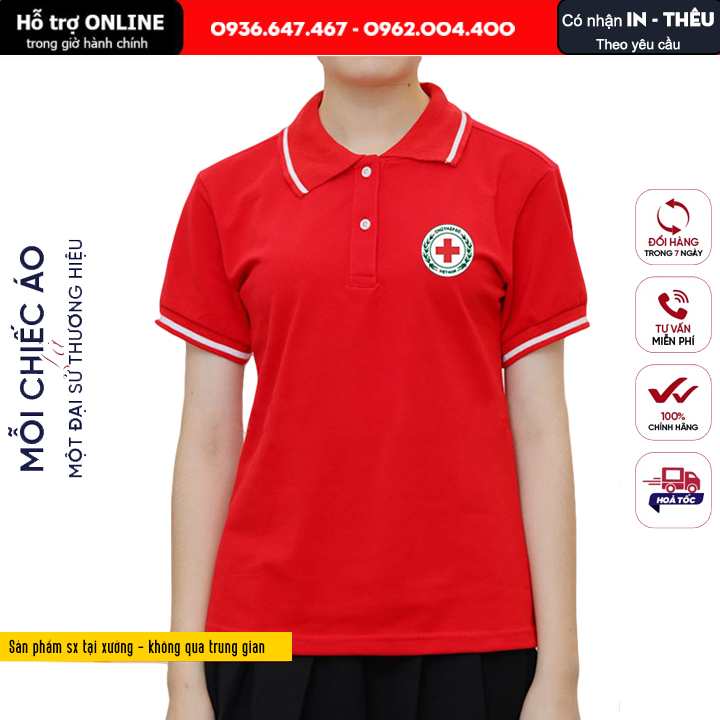 Áo thun đồng phục thiện nguyện hội chữ thập đỏ màu đỏ tươi phối bo sọc trắng