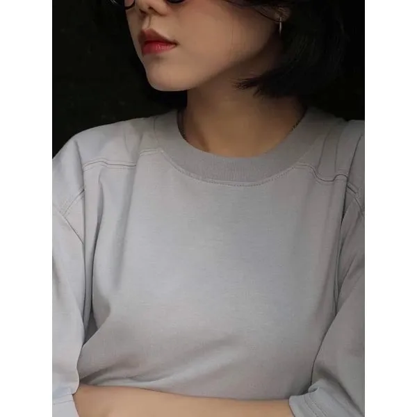 Áo thun trơn unisex form rộng xẻ tà phối thả vai vải cotton dày dặn màu xám và màu xanh nhạt