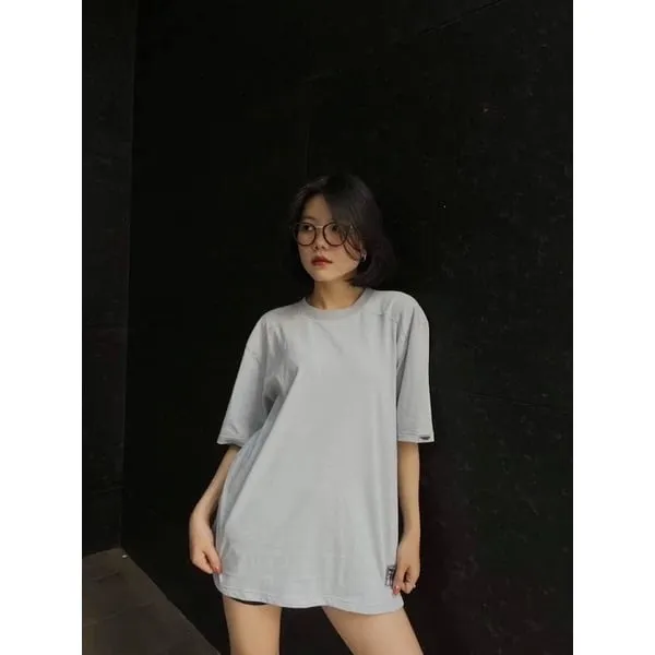 Áo thun trơn unisex form rộng xẻ tà phối thả vai vải cotton dày dặn màu xám và màu xanh nhạt