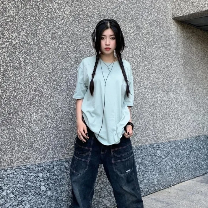 Áo thun trơn unisex form rộng xẻ tà phối thả vai vải cotton dày dặn màu xám và màu xanh nhạt