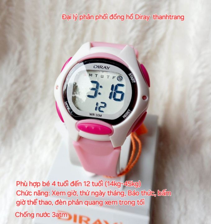 Đồng hồ trẻ em điện tử Diray chính hãng màu hồng nhạt dây silicone mềm  cho bé tay nhỏ