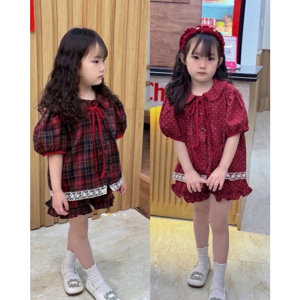 Bộ đồ đũi tiểu thư phối ren cổ nơ xinh xắn cho bé gái