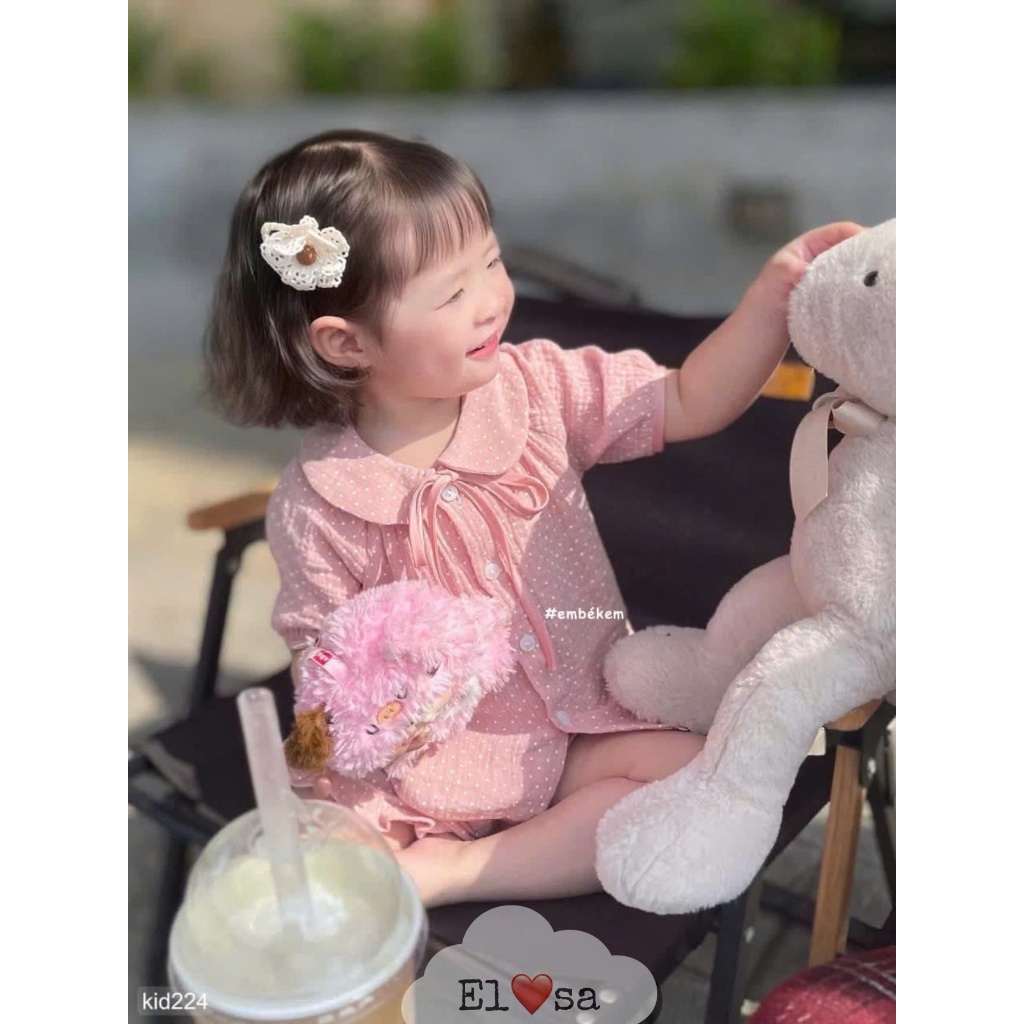 Bộ đồ thô đũi họa tiết chấm bi hồng dịu ngọt cho bé gái