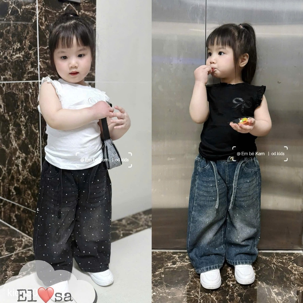 Set Áo Phông Thêu Hoạ Tiết & Quần Jeans Đính Đá Sành Điệu Cho Bé Gái 1-5 Tuổi