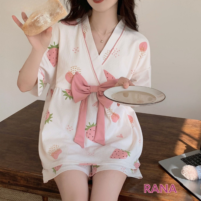 Bộ đồ mặc nhà cotton cổ chữ V phối cúc cài tiểu thư cho bé gái