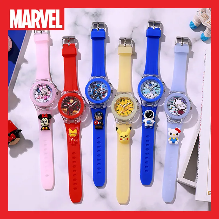 【 Sanhez】 Anime Hello Kitty Spiderman Mickey Minnie Đồng hồ hoạt hình dễ thương mềm màu thạch hình trẻ em phát sáng đồng hồ đeo tay Flash đầy màu sắc