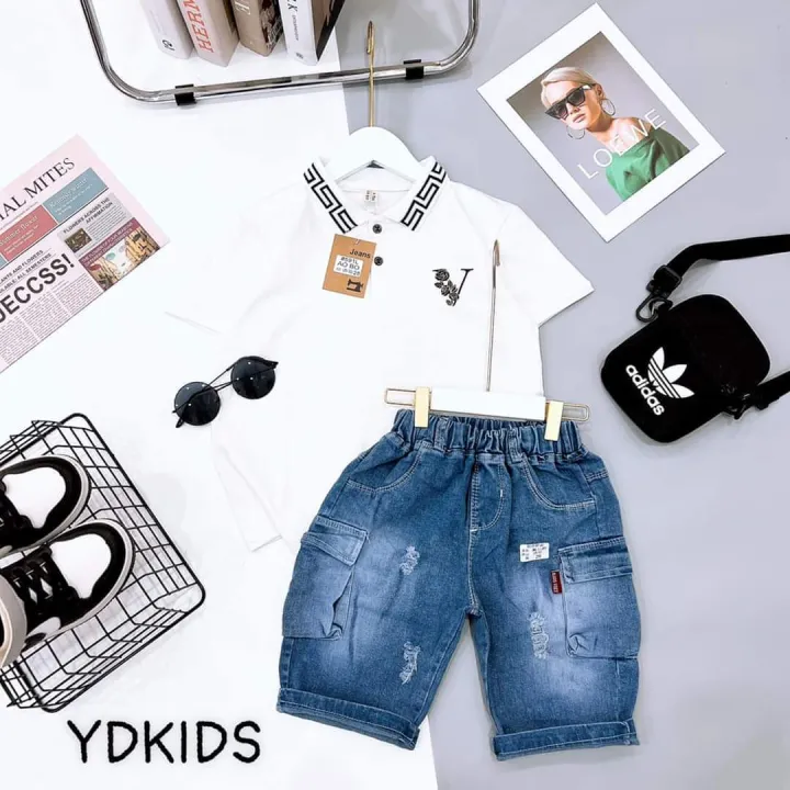 Sét bộ áo cổ trụ quần jean bé trai. Bộ bé trai