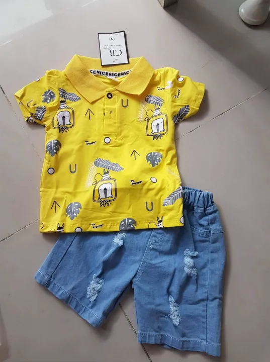 Sét bộ áo thun cổ trụ quần jean bé trai. bộ đồ bé trai