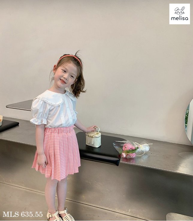 Bộ Váy Tiểu Thư Áo Ren Trắng Phối Chân Váy Hồng Melisa