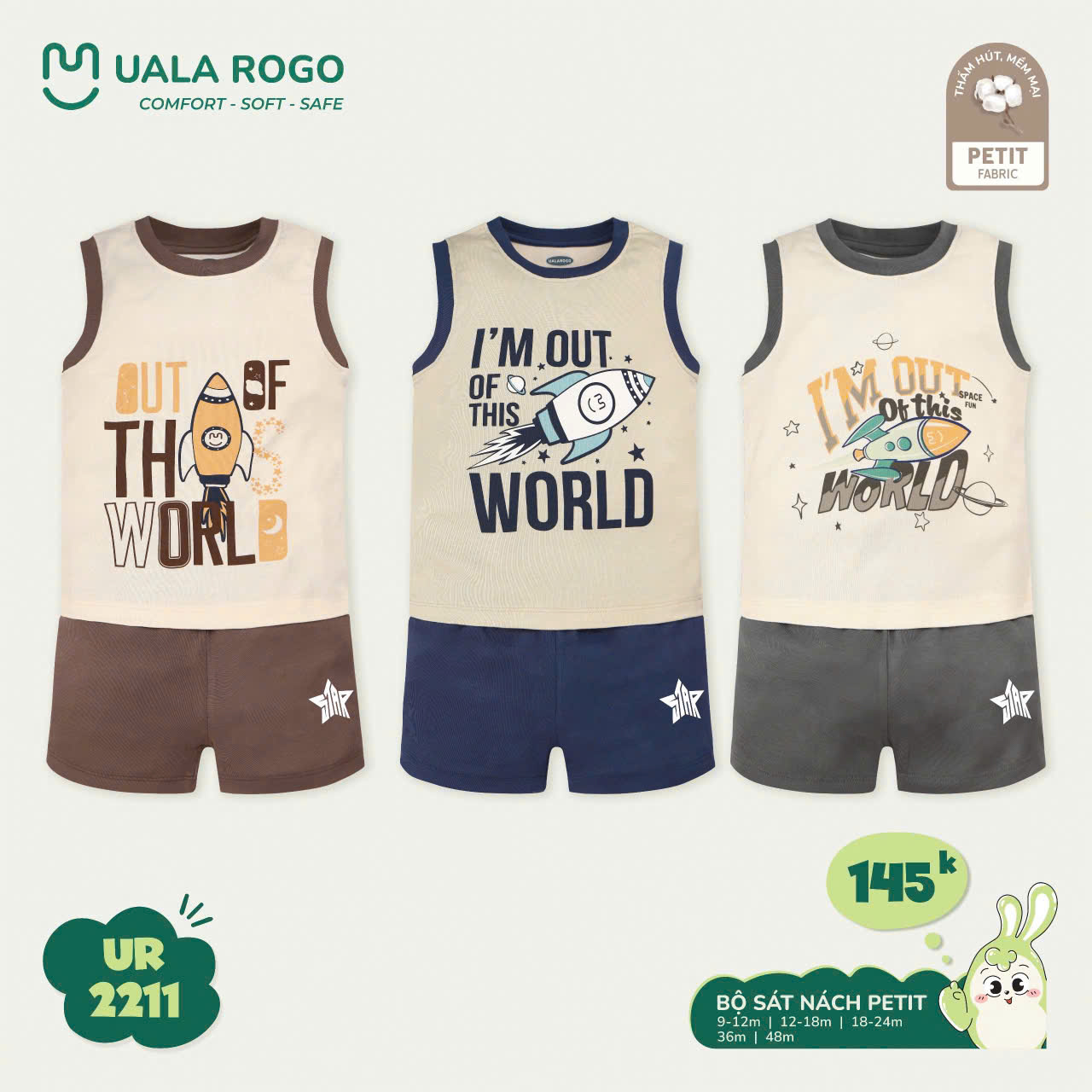 Bộ đồ sát nách Uala Rogo vải petit thoáng mát cho bé yêu